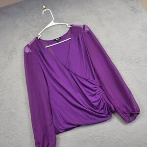 XOXO Top Womens M Purple Draped Surplice Ruched Sheer Statement Elegant Cocktail